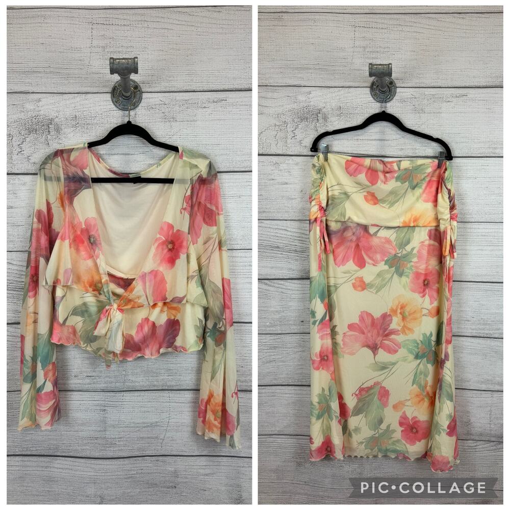 Shein Plus Size Yellow Floral Tropical 2pc Matching Top & Skirt Set Size 4XL